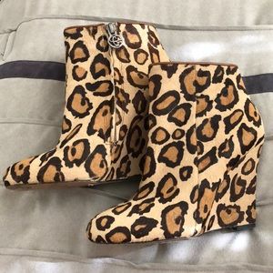 Leopard calf hair wedge booties